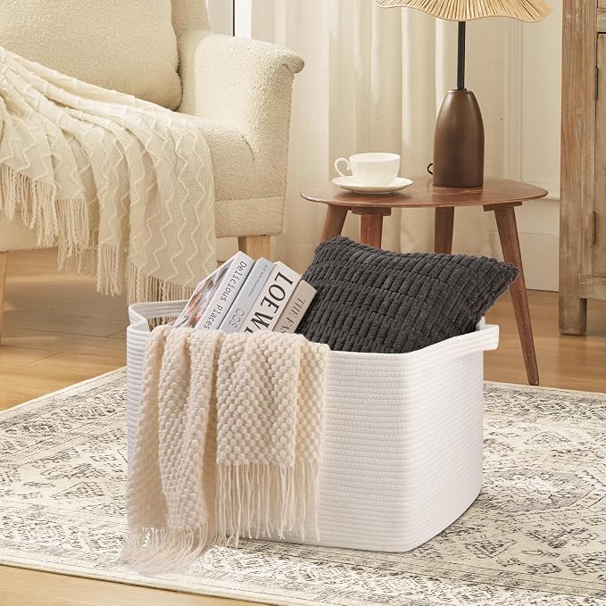 OIASKET 95L Extra Large Blanket Basket, 24" x 16.9" x 14.2" Woven Storage Basket for Living Room, Rectangle Nursery Blanket Storage for Toys, Towels, Dirty Clothes (White)