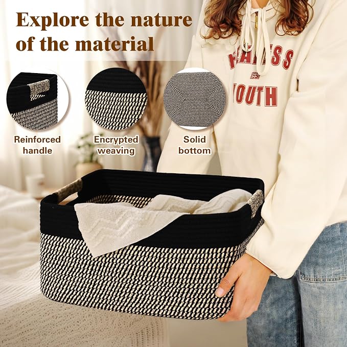 2 Pack Large Storage Basket for Organizing, 17.5"x13"x7" Woven Basket for Shelves, Closet Cube Storage Bins with Wrapped Handle, Cotton Rope Baskets for Kitchen, Clothes, Toys(Black & Brown)