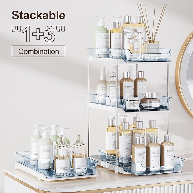 Delamu 2-Tier Multi-Purpose Bathroom Under Sink Organizers and Storage, Stackable Kitchen Pantry Organization, Pull Out Medicine Cabinet Organizer with Movable Dividers, Blue, 4 Pack