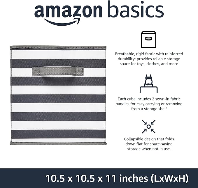 Amazon Basics Collapsible Fabric Storage Bins with Handles, Cube Organizer for Home Organization, 10.5"x10.5"x11", White/Light Grey Stripe, 6-Pack