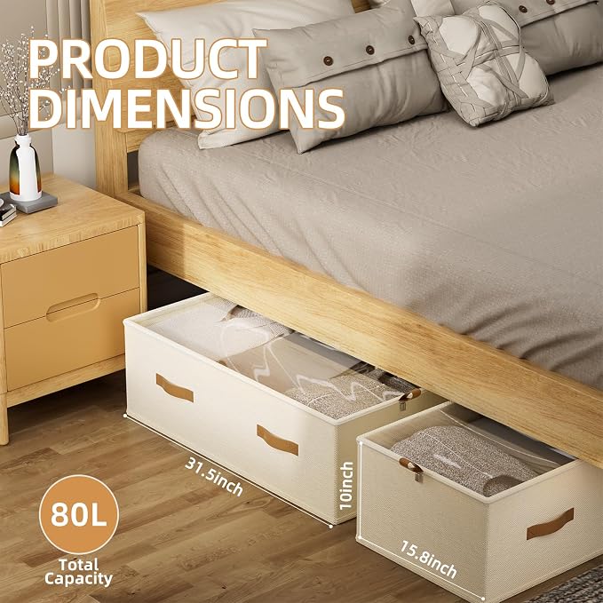 10inch 3 Pack Under Bed Storage Containers, 10 Inch Tall Underbed Clothes Storage Organizer Bin with Clear Window，Foldable Box Basket for Clothes, Closet, Bed Sheets and Blankets Beige