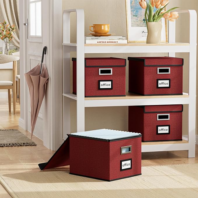 File Organizer Box with Lids, Collapsible File Folder Organizer | File Box with Plastic Slides for Office Document Storage, Filing Bin for Letter Size Hanging File Folders (1 Pack, Dark Red)
