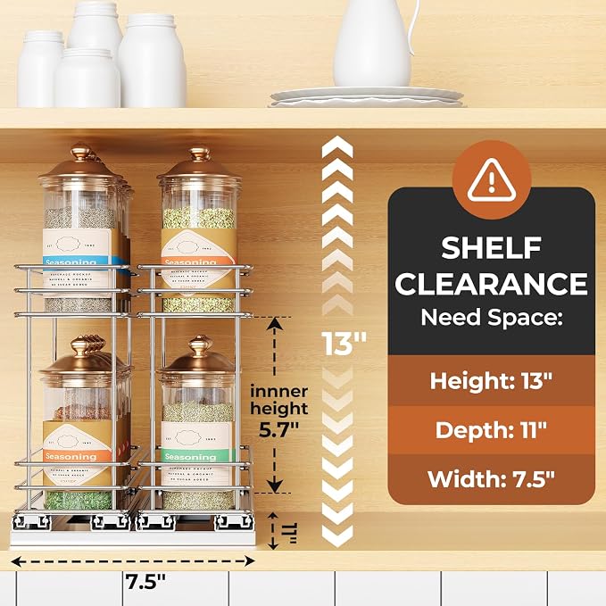 Mystozer Pull Out Spice Rack Organizer for Cabinet, Slide Out Spice Racks, Easy to Install, 7.08" Wx10.43 Dx8.26 H, 2 Drawers 2 Tiers(Silver)