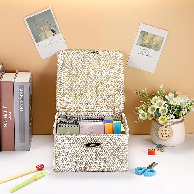 Hipiwe Handwoven Seagrass Basket with Lid Square Wicker Basket Storage Bin | Multipurpose Baskets Organizer Closet Storage Baskets Box Household Container for Home Decor, Small Whitewash