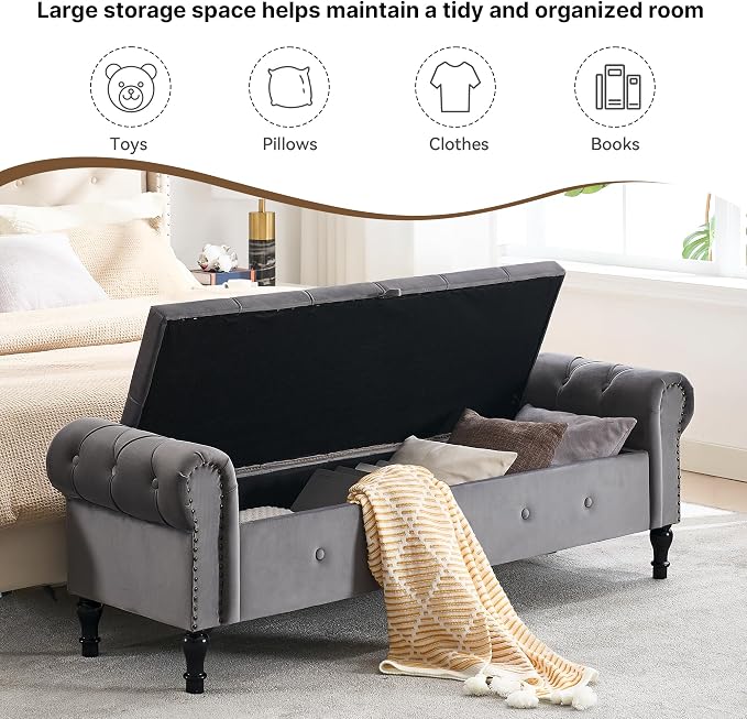 Storage Bench 67" Velvet End of Bed Benches Dark Grey | King Size Storage Bench for Bedroom with Rolled Arms Tufted Ottoman Benches Upholstered Bench for Living Room Entryway