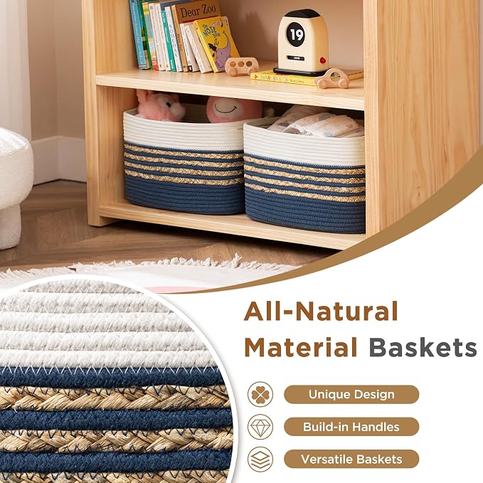 UBBCARE 4 Pack Baskets for Organizing, Woven Storage Baskets for Toys and Towel, Rectangle Cotton Rope Basket with Handles, 14''L x 8''W x9''H, Navy Blue