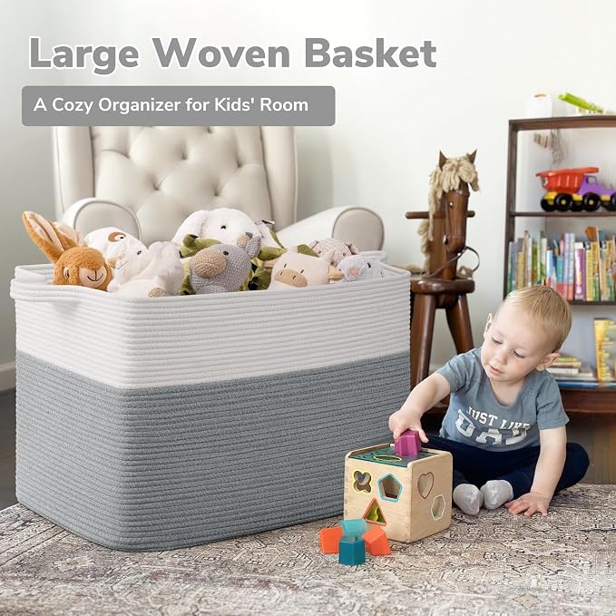 Goodpick 105L Extra Large Woven Blanket Basket Cotton Rope Storage Baskets for Organizing, Rectangle Baby Laundry Basket for Living Room Home Decor, 25"x16"x16", White & Gray