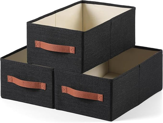 linen closet organizers and storage, 3 Pack Large Storage Baskets, Washable, Clothing Storage Bins with Handle, Closet Organizer for Storage Sweater,Sheets (Black, 16" x9½x6¾)