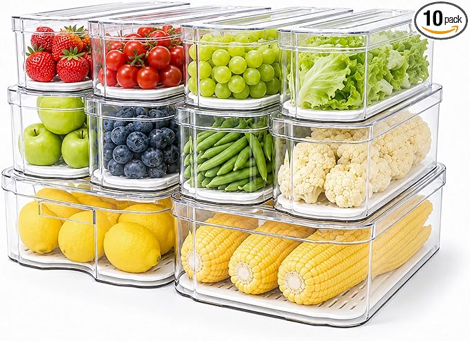 SMRCAD Clear Fridge Bins with Drain Trays - BPA-Free PET, Stackable | 10 Pack: 10 lidded Bins, Helps Keep Produce Fresh, 17.4L Capacity, Hand Wash Only