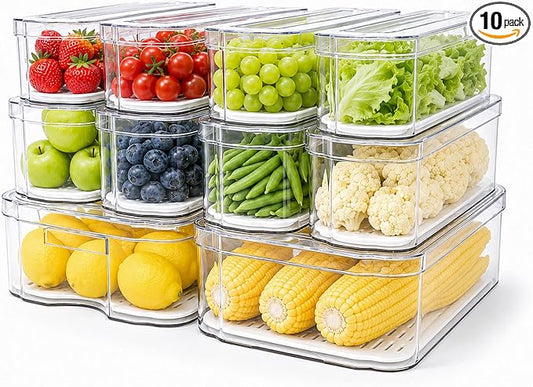 SMRCAD Clear Fridge Bins with Drain Trays - BPA-Free PET, Stackable | 10 Pack: 10 lidded Bins, Helps Keep Produce Fresh, 17.4L Capacity, Hand Wash Only