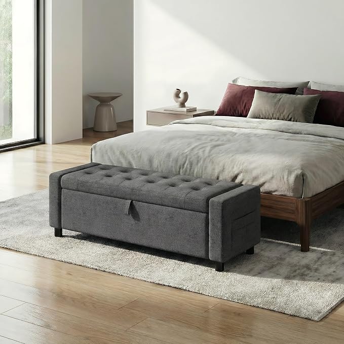 Amada 46" Ottoman with Storage, Side Pocket, Safety Hinge, Dark Gray | 30 gallon (112 liter) hidden storage, holds 400 lbs, 0.35" thicker wood panels, 3.14" thick foam, for end of bed, living room