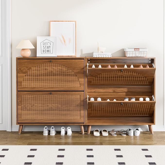 Fsbecl Shoe Storage Cabinet for Entryway with 2 Flip Drawers, Narrow Wood Shoe Cabinet with Fluted Panel, Freestanding Hidden Shoe Organizer for Hallway