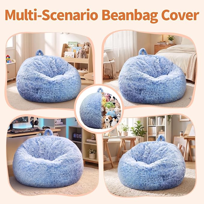 Stuffed Animal Storage Bean Bag Chair Cover, Soft Bean Bag Cover | Fluffy Faux Fur Stuffed Animal Storage Chair, Non-Slip Bottom, Fill with Plush Toys or Blankets, for Kids Teens Adults Girls