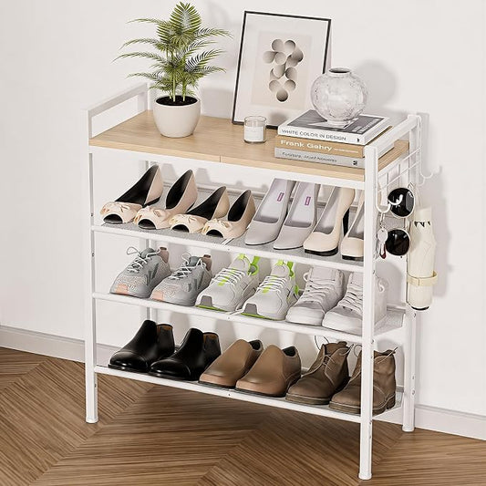 4 Tier Shoe Rack, Shoe Rack for Entryway with Hook, Shoe Organizer with Adjustable Mesh Shelves, Metal Shoe Storage, Closet, Bedroom Living Room Garage