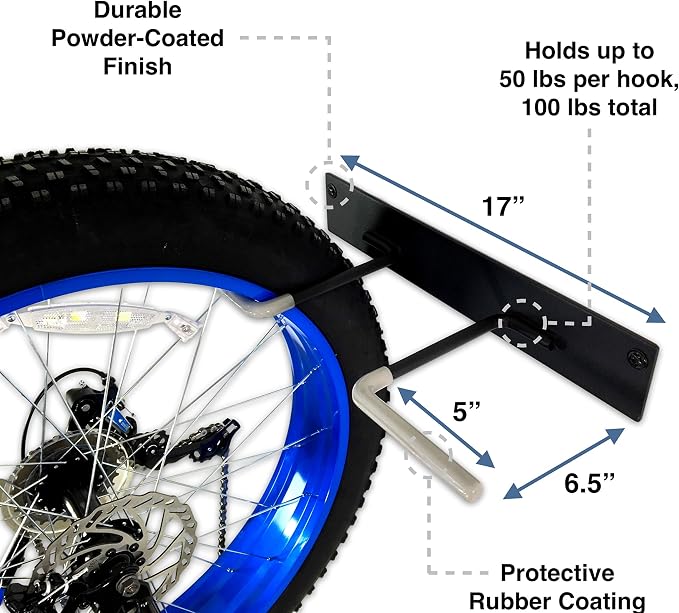 StoreYourBoard Fat Tire Bike Rack, Wall Mount Bike Storage, Holds 2 Bikes | Fits Up To 5 Inch Tires, Fat Tire Bike Storage Rack, Fat Bike Wall Rack, Rubber Coated Hooks