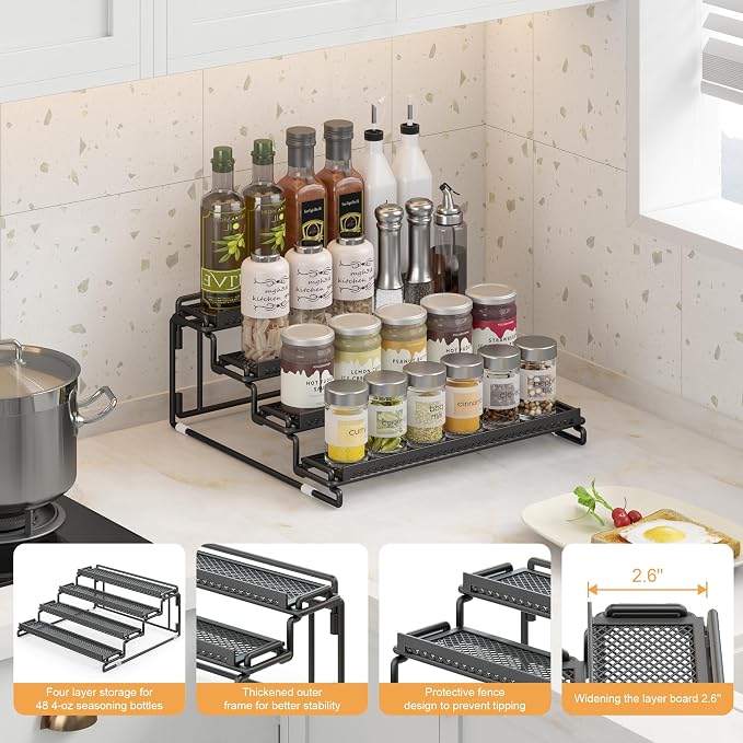 2 Pack Spice Rack Organizer for Cabinet, 4 Tier Black Seasoning Organizer Rack for Inside Cabinets, Countertop, Pantry Storage