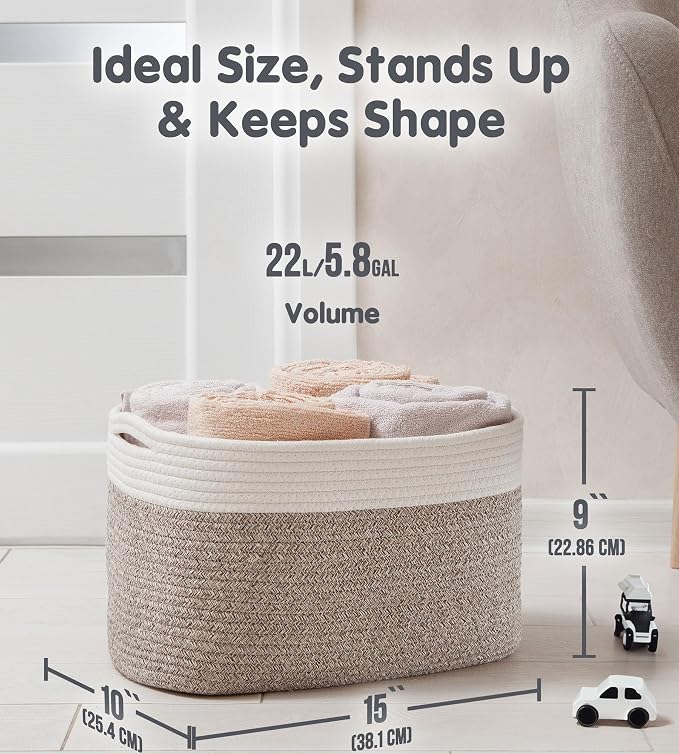 CHAT BLANC Cotton Rope Baskets for Organizing | Storage Baskets for Shelves | Rope Basket for Storage, Small Laundry Baskets, Woven Baskets for Storage, Dog Toy Bin, Baby Basket,Off White&Brown 3 Pack