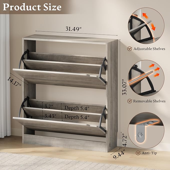 BORNOON Shoe Cabinet with 2 Flip Drawers, Slim Narrow Shoe Storage Cabinet, Freestanding Shoe Organizer with Adjustable & Removable Shelves, Top Display Shelf for Entryway, Hallway, Foyer, Closet