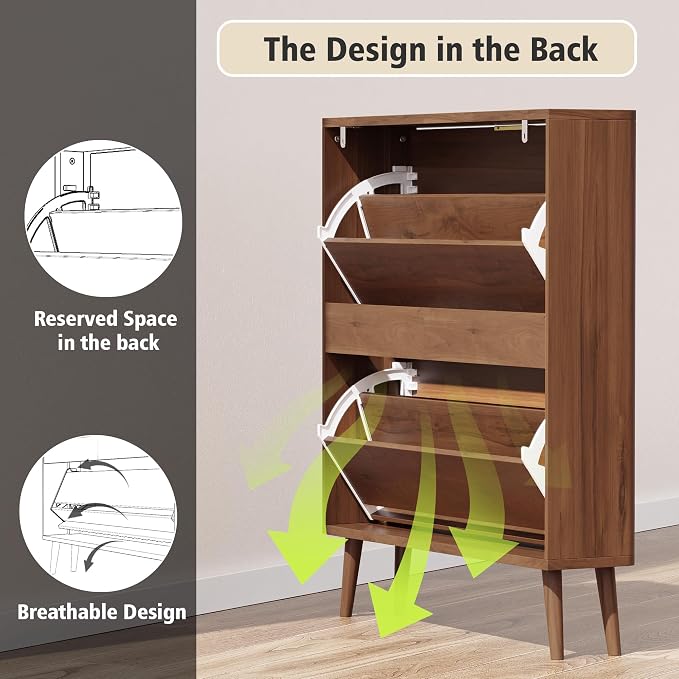 KIGOTY Narrow Shoe Storage Cabinet, Shoe Cabinet with 2 Flip Drawers, Freestanding Shoe Organizer with Legs for Entryway, Slim Shoe Rack Cabinet for Enterway (Walnut, 2 Flip Drawer)