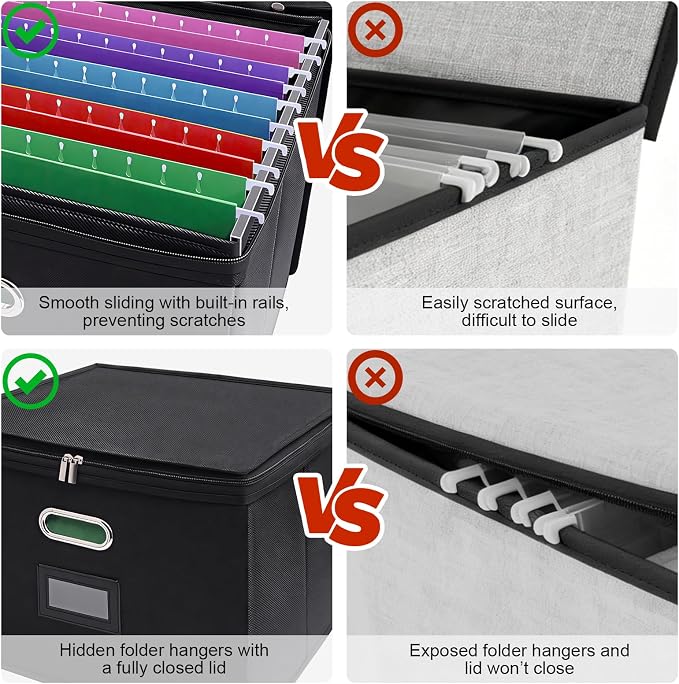 4 Pack File Organizer Boxes with Lids, Collapsible Document Storage Bin with Mesh Pockets & Zipper, Fits Letter/Legal Size Folders for Home Office Classroom Organization (Black, No Folders)