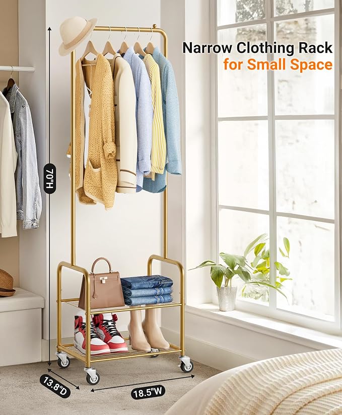 AOODA Small Clothes Rack with Shelves, Metal Sturdy Rolling Clothing Racks for Hanging Clothes, Portable Garment Rack with Wheels for Shirts, Coats, Shoes, Bags (Gold)
