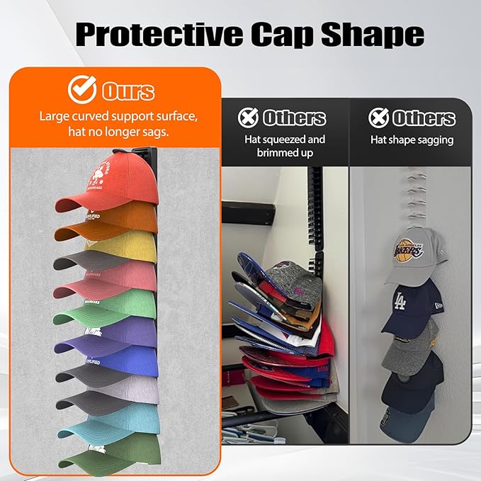 Hat Organizer for Baseball Caps Hold Up to 40 Hats, 2 Pack Hat Rack for Wall, Strong Adhesive Hat Storage Display Holder for Closet Door and Wall (Black)