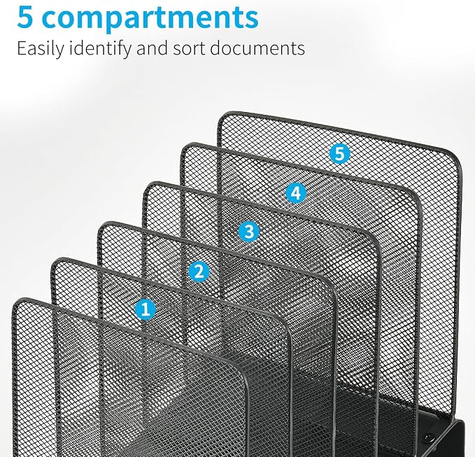 LEKETREE File Organizer for Desk, File Folder Organizer with 5-Section Vertical Rack, Suitable for Home Office Document Organization and Storage(Black 2-Pack)