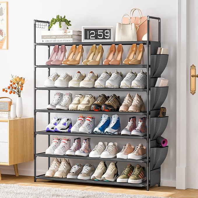 OYREL Large Capacity 7 Tier Shoe Rack, Black, 33.3in Wide x 11.2in Deep x 48.7in Tall, Holds 28-35 Pairs of Shoes, Ultra-Minimalist Style, Waterproof and Durable | 28-35 Pairs, Ultra-Minimalist Style, Waterproof and Durable Closet Front Door Entrance O...