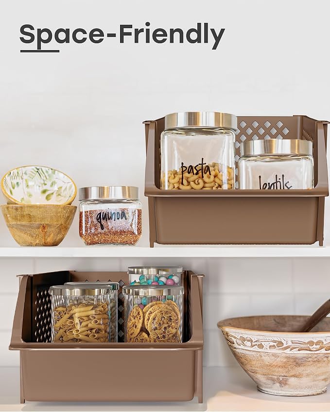 TidyFriend Plastic Stackable Storage Bins for Pantry, 4 Pack Stackable Bins For Organizing Food, Kitchen, and Bathroom Essentials (Brown) | Sturdy Plastic, Easy Stacking, Open Front Access, Ventilated Sides, Vertical & Space Saving Pantry Organizers an...