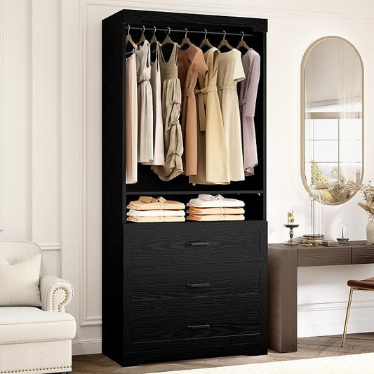 IRONCK Freestanding Closet System with Adjustable Shelves & 3 Drawers | Modern armoire wardrobe with adjustable shelves & hanging rod, walk-in closet organizer for small spaces, space-saving design