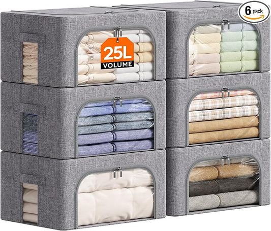 Lifewit Clothes Storage Bins with Metal Frame, Stackable Storage Box, Foldable Clothing Storage Bins with Lids, 25L Storage Bags Fabric Box Organizer with Clear Window＆ Zippers＆ Sturdy Handles 6 Pack