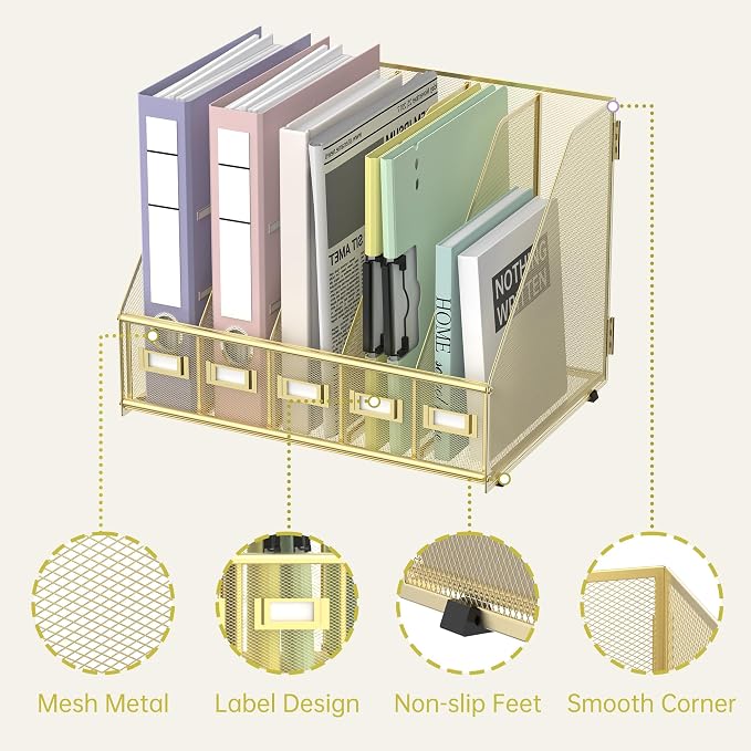 SUPEASY Desk Organizers Metal Desk Magazine File Holder with 5 Vertical Compartments Rack File Organizer for Office Desktop, Home Workspace, Gold Plus
