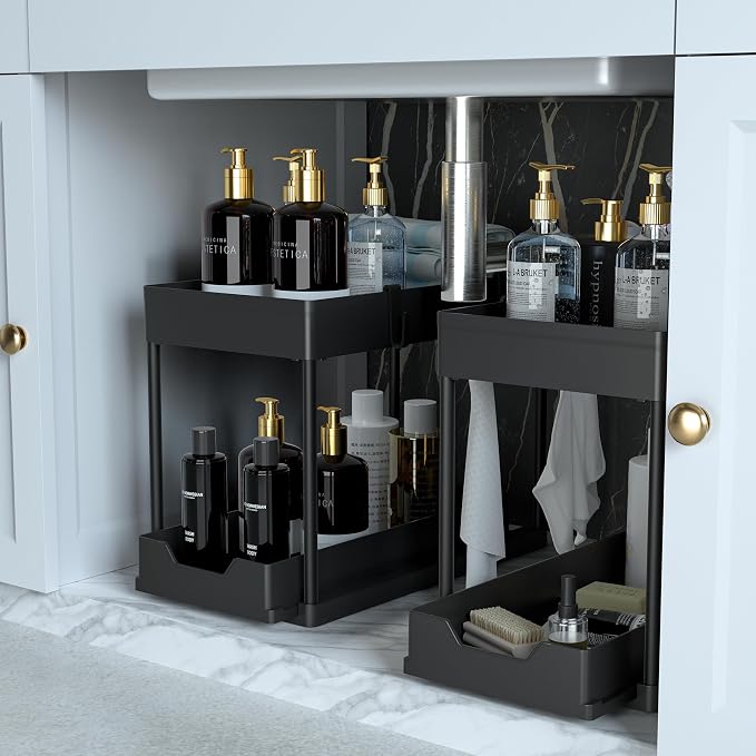 Under Sink Organizer 2 Pack,2 Tier Slide Out Storage for Kitchen Bathroom | Multi-purpose Under Cabinet Storage Rack Fit Kitchen Sink, Bathroom Vanity, Easy Assembly