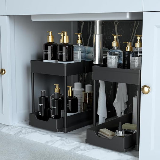 Under Sink Organizer 2 Pack,2 Tier Slide Out Storage for Kitchen Bathroom | Multi-purpose Under Cabinet Storage Rack Fit Kitchen Sink, Bathroom Vanity, Easy Assembly