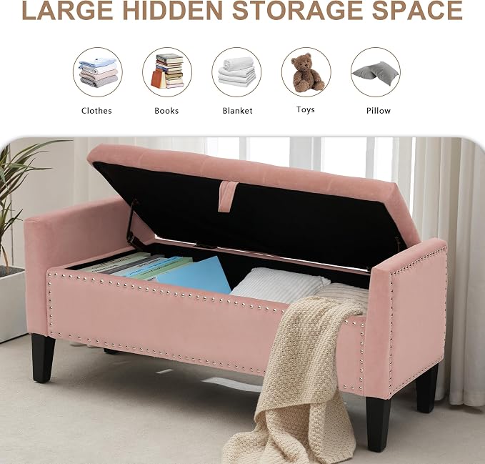 Velvet Ottoman with Storage, 46'' Upholstered Button Tufted End of Bed Bench with Arms, Modern Storage Bench for Living Room, Bedroom, Entryway, Pink