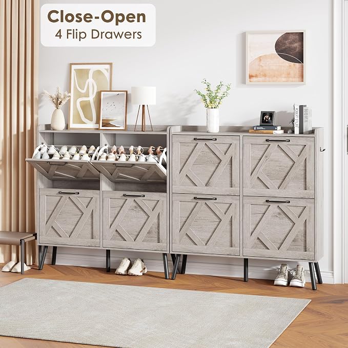 Nicetree Shoe Cabinet with 4 Flip Drawers, Freestanding Shoe Organizer Cabinet, Farmhouse Narrow Shoe Storage Cabinet for Entryway, Foyer, Hallway