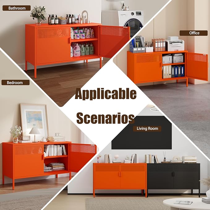 Metal Storage Cabinet with 2 Doors & Adjustable Shelves, Orange | 25"H Accent Cabinet, Metal Locker Storage Cabinets, TV Stand Cabinet for Home, Office, Living Room, Entryway