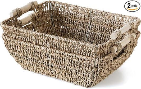 Wicker Baskets with Wooden Handles, Large Seagrass Storage Baskets | 2 Pack, Natural Seagrass Woven Basket for Organizing Shelves, Handwoven Gift Baskets Empty for Snack Display Home Decor