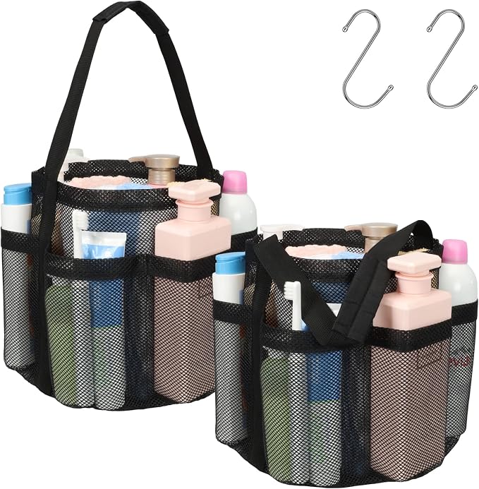 Mesh Shower Caddy Portable - 2 Packs, Large Shower Bag for Dorm, Camping | 2 Pack, S-Hook, Quick-Dry, Hanging Toiletry Organizer, College Dorm Room Essentials for Girls, Gym, Travel & Bathroom, Black