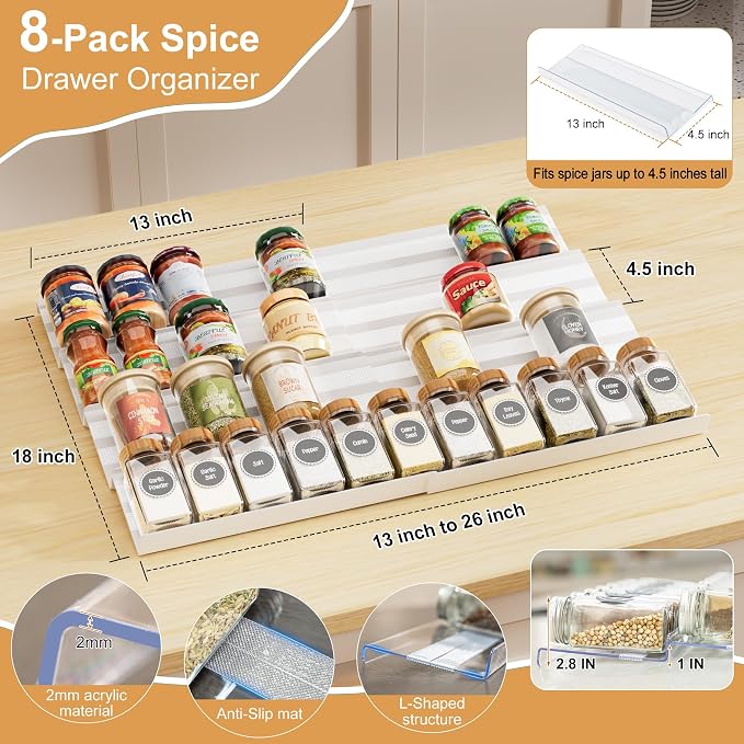 8-Pack Spice Rack for Drawer, White, 13" to 26"