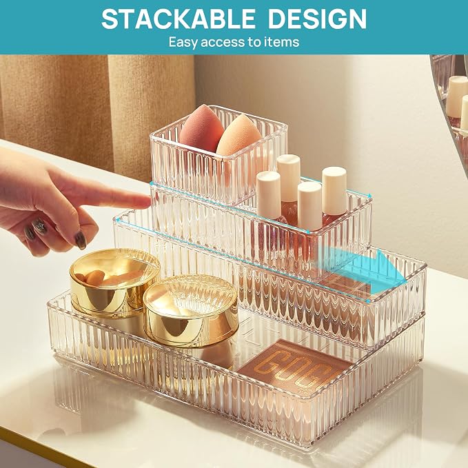 Vtopmart 7 PCS Clear Makeup Drawer Organizers Bins, 4-Size Stackable Makeup and Vanity Organizer Trays, Acrylic Bathroom Storage Containers for Cosmetic, Toiletries, Office Supply, Utensils, Gadgets