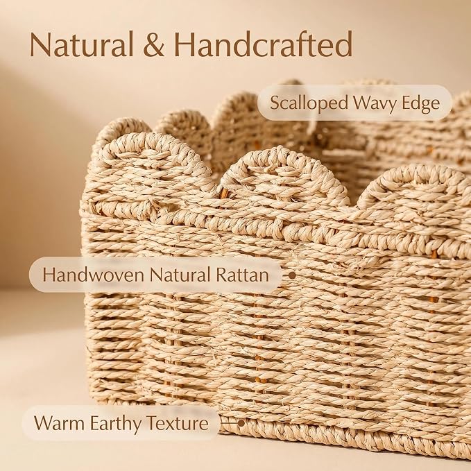Foldable Scalloped Wicker Basket, Portable Storage Basket for Shelves, Decorative Boho Home Organizer for Bathroom and Living Room