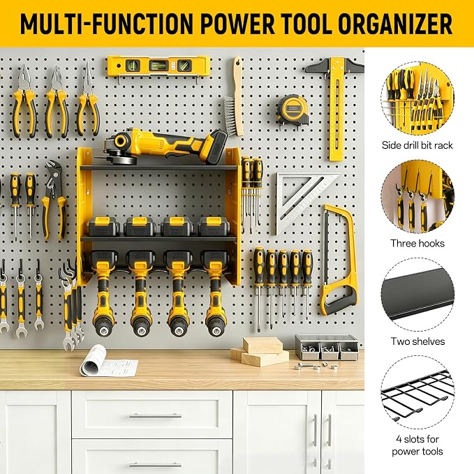 Power Tool Organizer Wall Mount, Garage Drill Storage Shelf with Hooks, Heavy Duty Metal Premium Garage Tool Shelf,Cordless Tool Storage Rack for Garage, Tool Room,Yellow