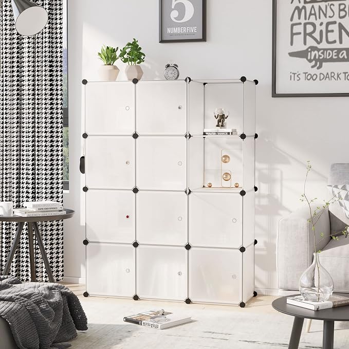 C&AHOME 12-Cube Storage Organizer with Door Cube Shelf Closet Cabinet White | DIY Plastic Modular Bookshelf, Stackable Clothes Storage Shelving Ideal for Home, Bedroom, 36.6”L x 12.4”W x 48.4”H