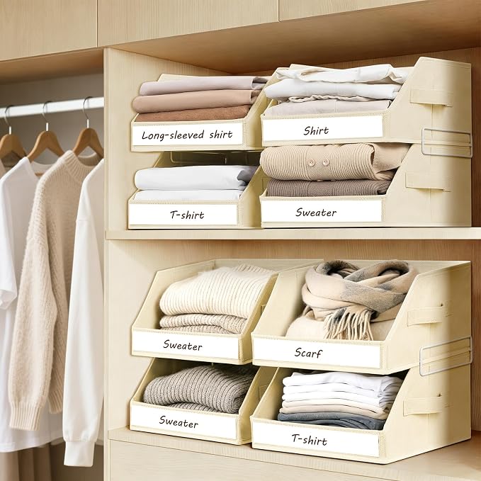 Closet Organizers and Storage - 5 Tier Shelf Organizer with Weekly Labels, Stackable Storage Bins with Metal Frame, Foldable Cube Bins, Home Baskets for Kids and Adults, Beige