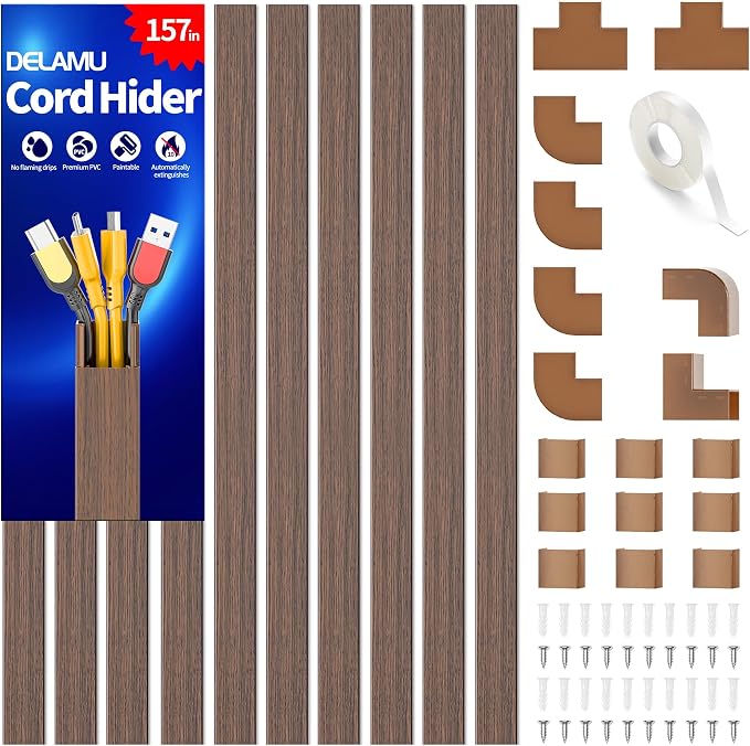 Delamu 157in Cord Hider Wall, TV Cable Hider Cord Covers for Wires on Wall, Large Cable Cover Raceway to Hide 2-4 Cords, Wire Hiders Wire Covers for Cords for TV on Walls, W1.18 H0.6in, Cherrywood