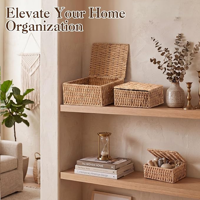 3 Pack Wicker Storage Baskets with Lid, Decorative Woven Organizer Boxes, Shelf Stackable Container Bin, 3 Size Boho Home Decor for Bedroom Living Room Organization (10.2", 8.6", 7")