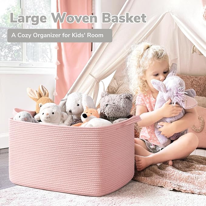 Goodpick Large Woven Storage Basket, Rectangle Toy Organizer, Pink | 21.6 x 14.9 x 11.8 in, Reinforced Handles, Living Room, Bedroom & Nursery Organization, Toys & Blankets Storage