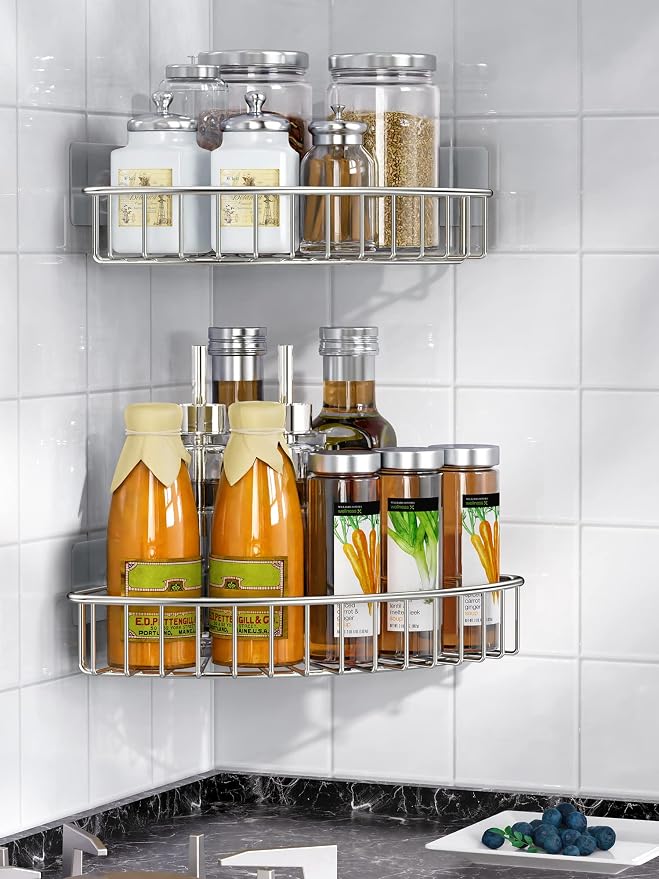 SMARTAKE 2-Pack Corner Shower Caddy, SUS304 Stainless Steel, Silver | Wall Mounted Bathroom Shelf with Adhesive, Storage Organizer for Toilet, Dorm and Kitchen
