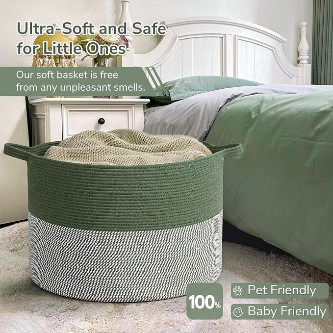 INDRESSME 115L Extra Large Woven Rope Blanket Basket Living Room Green | 23.6" x 15.7" Storage baskets for toys laundry & pillows. Fits living room, bedroom or nursery décor. Soft-touch with handles